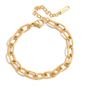 Détail d'un bracelet à maillons ovales dorés avec fermoir mousqueton et étiquette S.Steel