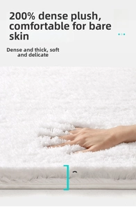 Detail of 3.5cm thick white plush bathroom rug showing soft high-density microfiber pile
