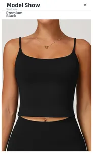 Detail view of premium black yoga crop top featuring thin shoulder straps and U-neckline