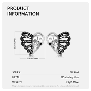 Gothic S925 sterling silver skull heart earrings in black gold finish for women