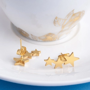 Elegant gold minimalist stainless steel stud earrings featuring a triple star design