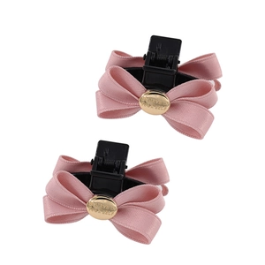 Set of two pink satin ribbon bow hair clips with gold engraving believe in yourself