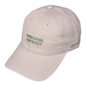 Classic beige cotton baseball cap featuring green embroidered letters on a white background