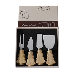 Unboxed 4-piece stainless steel cheese knife set with Christmas tree wooden handles