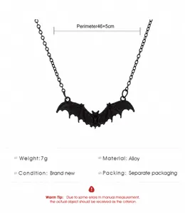 Detailed product specs of black punk bat necklace with material and weight info