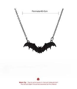 Detailed product specs of black punk bat necklace with material and weight info