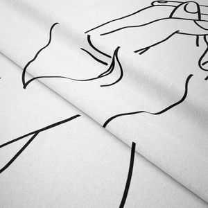 Macro detail of high-quality fabric texture with minimalist black line art on white tapestry