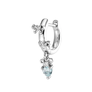 Silver hoop earrings featuring dainty bows and a sparkling blue heart gemstone pendant
