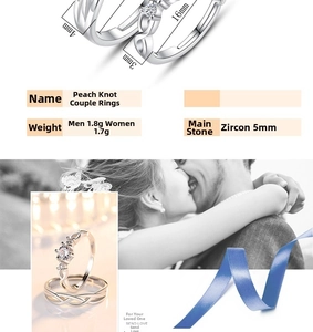 Dettaglio anelli di coppia nodo di pesco con dimensioni e zircone da 5mm sull'anello donna
