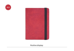 Detailed view of red RFID passport holder with elastic closure and embossed texture