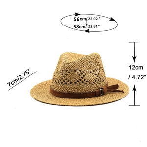 Détail montrant les dimensions d'un chapeau fedora en raphia avec ruban à boucle