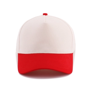 Detail of five-panel cotton baseball cap with red brim and off-white crown stitching