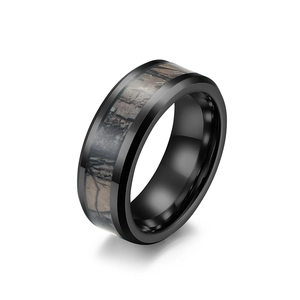 Men's black tungsten steel ring with camouflage inlay and polished industrial design