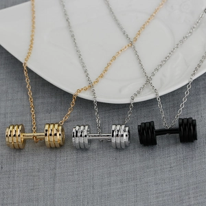 Fitness dumbbell pendant necklaces in gold, silver and black finish on metal chains