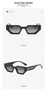 Detailed views of vintage square sunglasses with black frames and gold metal temple accents