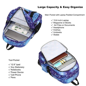 Internal compartments of galaxy backpack showing 15.6 inch laptop and iPad storage space