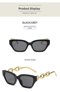 Detail of cat eye sunglasses with thick gold metal chain temples and black frame