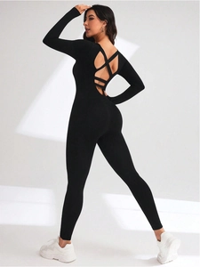 Women Long Sleeve Jumpsuit Backless Cross Straps Seamless High Stretch Polyamide Elastane Sporty Yoga Fitness Bodysuit