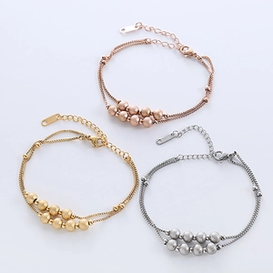Double-layered stainless steel bracelet with frosted beads in gold, rose gold and silver