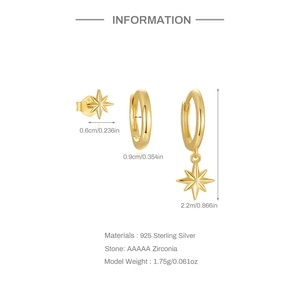 Macro view of S925 silver gold star earrings set with zirconia and size details