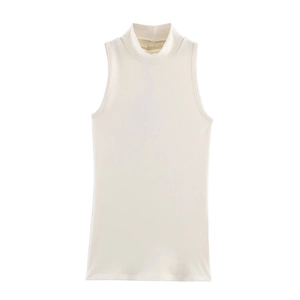 Women's minimalist mock neck sleeveless tank top in cream white with stretch fabric