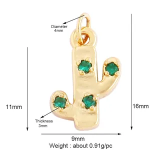 Detailed view of a gold-plated cactus pendant with green zircons and size specifications