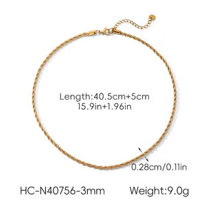 Detail view showing measurements of 18k gold plated rope chain necklace with lobster clasp