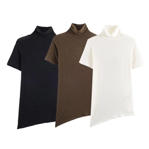 T-Shirt Femmes Col Roulé Tricot Polyester Ourlet Asymétrique Manches Courtes Couleur Unie Coupe Slim Haut Décontracté