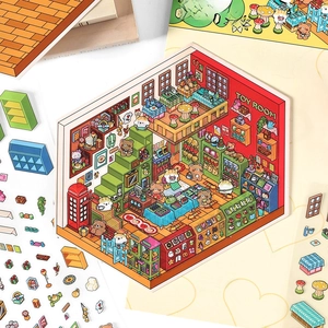 2.5D cartoon toy room DIY stickers set with colorful miniature furniture and doll patterns