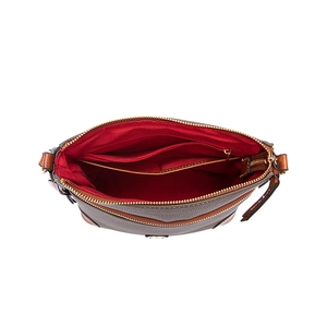 Top view of brown lychee texture bag interior with red lining and organized pockets
