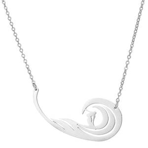 Détail d'un pendentif vague en acier inoxydable avec un design ajouré minimaliste pour femme