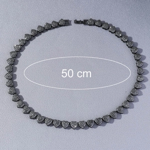 Detail of 50cm gunmetal heart-shaped Cuban chain with black pavé crystals and clasp