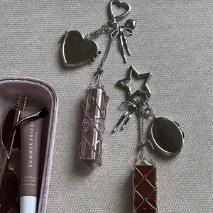 Metal Mesh Lipstick Holder Keychain With Mirror Retro Style Heart Star Shape Lip Balm Sleeve Bag Charm For Women