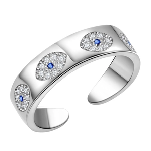 Bague ajustable œil grec avec cristal bleu et zircons blancs sur monture argent