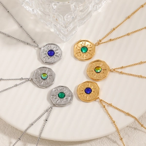 Bohemian sunburst octagonal coin pendant necklaces with colorful stones and bead chains