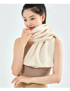 Close-up of beige cashmere knitted shawl texture on model for autumn winter wear