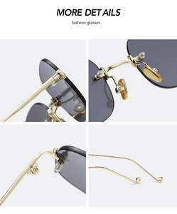 Detailed views of gold metal hinges and soft silicone nose pads on rimless sunglasses