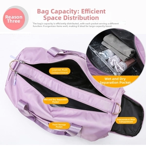 Detail view of purple travel bag featuring waterproof wet dry separation compartment
