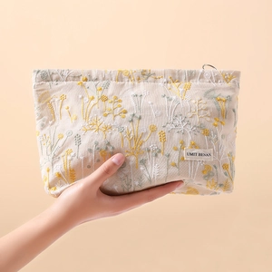 Floral Pattern Makeup Bag Cotton Linen Canvas Cosmetic Pouch Portable Travel Toiletries Organizer Zipper Storage Elegant