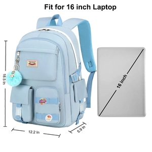 Detail view of light blue backpack dimensions and fit for 16 inch laptop