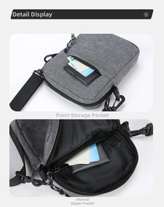Detail view of grey crossbody bag featuring front pocket and internal zipper compartments
