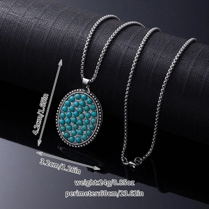 Detailed view of bohemian turquoise pendant with 4.2cm height and dimensions on silver chain