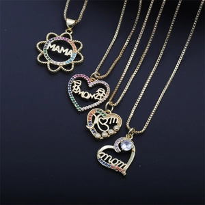 Mom Mama Heart Pendant Necklace Copper Colorful Zircon Gold Plated Mother Day Jewelry Gift For Women Elegant