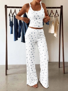 Ensemble de yoga 2 pièces pour femmes avec débardeur et pantalon large à fleurs bleues