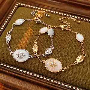 Starburst Oval Bracelet Copper Zircon Shell Inlaid Elegant Vintage Adjustable Hand Jewelry For Women Light Luxury