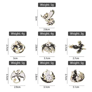 Set of 7 cartoon fantasy creature enamel pins in black and white gold alloy finish