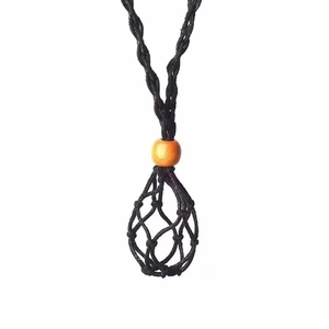Adjustable woven net stone holder necklace with black cord and decorative wood bead