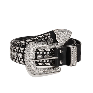 Ceinture punk en cuir noir avec strass argentés et boucle ornée de style western