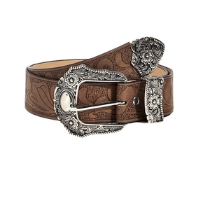Brown western vintage leather belt with ornate floral embossing and engraved silver buckle