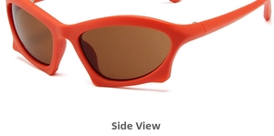 Detail view of orange Y2K steampunk sunglasses with brown lenses and geometric frame